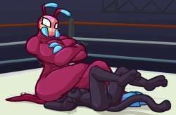 2026 antennae_(anatomy) anthro anthro_on_anthro arthropod big_breasts blue_antennae blue_claws breasts clairen_(rivals_of_aether) claws cougar crossed_arms crossed_legs duo exoskeleton facesitting felid feline female female/female female_on_bottom female_on_top fighting_ring finger_claws genitals hi_res insect la_reina_(rivals_of_aether) larger_on_top lying mammal mandibles medium_breasts no_pupils on_back on_bottom on_top purple_antennae purple_body purple_exoskeleton questionable_consent rivals_of_aether sitting sitting_on_another toe_claws ultilix vulva white_eyes wrestler