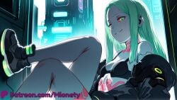 1girl ai_generated artificial_eye artist_name bare_legs bare_shoulders black_bra black_footwear black_jacket bra breasts choker closed_mouth colored_sclera colored_skin crossed_legs cyberpunk_(series) cyberpunk_edgerunners cyborg fang green_eyes green_hair grin headgear jacket leg_tattoo long_hair looking_at_viewer mechanical_eye mechanical_hands mionety neck_tattoo off_shoulder parted_bangs patreon_username petite rebecca_(cyberpunk) rebecca_(edgerunners) red_eyes red_pupils red_sclera samurai_jacket_(cyberpunk) shoes sitting small_breasts smile smirk solo stomach_tattoo tattoo teeth twintails underwear white_skin