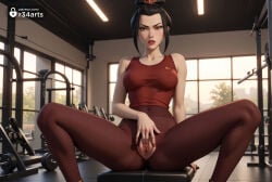 gym solo pussy black_hair spread_legs torn_clothes breasts indoors looking_at_viewer sitting pussy_juice female_masturbation pantyhose yoga_pants uncensored brown_eyes masturbation tank_top dumbbell torn_pantyhose covered_nipples weights covered_navel no_panties bare_shoulders window hair_ornament artist_name medium_breasts r34arts hi_res ai_generated avatar_legends azula avatar_the_last_airbender nickelodeon nicktoons 1girls female_human