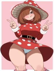 my_hero_academia komori_kinoko hero_outfit_(mha) thick_thighs huge_thighs big_breasts blush looking_at_viewer tongue_out peace_sign upskirt panties white_panties bangs_over_one_eye augusketchs shortstack