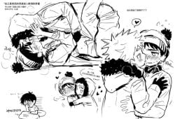 south_park stan_marsh kenny_mccormick sketch chinese_text kissing sweat wet_dream chibi hoodie black_hair blonde_hair monochrome hearts stomach belly not_my_art chun_baii credits_(artist)