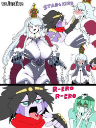 mannungei jojo's_bizarre_adventure stardust_crusaders star_platinum justice_(jjba) kissing kiss tongue_kiss saliva saliva_trail crown yuri white_hair mantle green_hair hierophant_green cherry meme jojo_reference yellow_eyes mask 3girls tongue_out licking white_eyes white_tongue heart-shaped_pupils embarrassed blush blushing holding_chin teal_eyes dark_teal_eyes large_breasts large_ass thick_thighs thighhighs rero