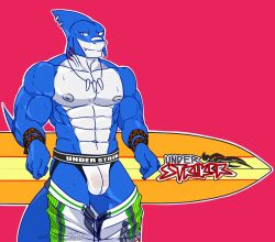 2020 anthro aquatic barazoku belly black_eyes blue_body bottomwear bottomwear_down bulge clothed clothing detailed_bulge fang_necklace fin fin_piercing fish furgonomic_piercing furgonomics genital_outline gills hi_res jockstrap male mindmechanica muscular muscular_male partially_clothed penis_outline piercing shark shorts shorts_down simple_background solo surfboard surfer swimming_trunks swimming_trunks_down swimwear text text_on_clothing text_on_underwear thresher_(mindmechanica) translucent translucent_clothing translucent_jockstrap translucent_underwear underwear underwear_under_swimwear wet wet_clothing wet_jockstrap wet_underwear white_belly white_clothing white_jockstrap white_underwear