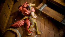 16:9 3d_(artwork) 4k absurd_res anthro anthro_on_anthro armor aroused axe barbarian blender_(artwork) blender_cycles_(artwork) bodily_fluids canid canine corner cum cum_in_ass cum_inside cum_spill digital_media_(artwork) duo ear_piercing ejaculation floor foirgairwolf genital_fluids genitals green_body green_skin hi_res howlark_(foirgairwolf) lizard lizardman male male/male mammal mythological_canine mythological_creature mythology penetration penile penile_penetration penis piercing public public_sex red_body red_skin reptile scalie sex story story_at_source story_in_description tavern tribal weapon werecanid werecanine werecreature werewolf widescreen wood wood_floor