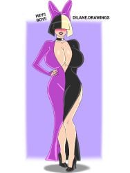 dilane93 sia_furler thick_thighs thick tight_clothing tight_dress long_dress hair_covering_eyes hair_ornament hair_ribbon huge_breasts breast_expansion high_heels choker singer cartoony curvy_figure curvy curvy_female hand_on_hip black_lipstick smiling_at_viewer thick_hips bob_cut