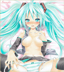 1girls aqua_eyes aqua_hair ayuayu blush breasts detached_sleeves female hand_on_chest hand_on_own_chest hand_to_chest hatsune_miku long_hair lying navel open_clothes open_shirt panties sample shirt side-tie_panties skirt solo striped striped_panties tear thighhighs tied_hair traditional_media twintails underwear vocaloid