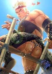 1boy 2023 apron artist_name ass ass_cleavage back_view bamboo bara beard_stubble beefy biceps blonde_hair brown_eyes bubble_ass bubble_butt dat_ass dated dust_particles forked_eyebrows fundoshi gauntlets gay gesture gloves hachimaki haragake_(clothing) heart_symbol hunk inviting japanese_clothes ladder looking_at_viewer low-angle_view male male_only manly marking_below_eyes markings mature_male morning multicolored_hair muscles muscular muscular_arms muscular_ass muscular_back muscular_legs muscular_male muscular_thighs no_visible_genitalia one_eye_closed pantsless pecs quadriceps rokushaku_fundoshi sabita_kan sandals seductive shimenawa signature sky socks solo standing sunlight sweat sweatdrop sweating sweaty sweaty_ass tan_skin tattoo tattoo_on_ass tattooed_arm thick_eyebrows tokyo_afterschool_summoners tough_guy two-tone_hair ulaanbaatar_(tokyo_afterschool_summoners) white_fundoshi white_hair wink yaoi