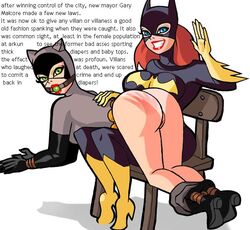 2girls ass ball_gag barbara_gordon batgirl batman:_the_animated_series batman_(series) bent_over_lap blue_eyes bondage bound bound_ankles bound_wrists breasts catwoman catwoman_(dcau) chair clothed clothed_female dc dc_comics dcau english_text exposed_ass exposed_butt exposed_pussy female female_only femdom femsub gag gagged green_ball_gag green_eyes grinning hand_print_on_ass human looking_at_viewer multiple_females multiple_girls over_the_knee_spanking pants_around_ankles pants_down pussy rafcut restrained rope rope_bondage selina_kyle sitting smiling smiling_at_viewer spank_marks spanked spanked_butt spanking straight_hair text tied_up yuri