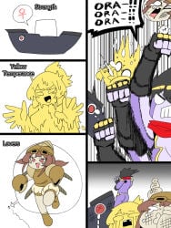 mannungei jojo's_bizarre_adventure stardust_crusaders star_platinum strength_(jjba) yellow_temperance lovers_(jjba) ship boat cruise_ship tiny_female smaller_female slime_girl 4girls rule_63 black_hair yellow_body yellow_hair brown_hair pink_eyes goggles_on_head goggles punch punching face_punch butt red_scarf