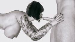 honey_select honey_select_2 1boy1girl black_and_white monochrome simple_background white_background penis breasts areolae short_hair freckles tattoo arm_tattoo back_tattoo body_hair bush pubic_hair hanging_breasts naked naked_female naked_male nail_polish nails open_mouth penis_near_face skull_tattoo bent_over bending_over dark_hair veiny_penis hairy_thighs
