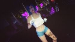 3d 3dcg absurd_res artist_request bare_shoulders beautiful_woman blue_hair_female blue_panties collarbone content_smile dancing dyed_hair exposed_underwear female_focus game_cg grand_theft_auto grand_theft_auto_online gta_online_female_character happy_female highres mature_woman navel oblivious_sexualization rockstar_editor short_hair_female source_request tattoos tomboyish tubetop underwear