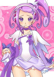 1girls blush clothing cure_sword dokidoki!_precure dress dress_lift earrings female headset jewelry katsuma_rei kenzaki_makoto looking_at_viewer magical_girl no_panties precure pretty_cure purple_eyes purple_hair pussy pussy_juice pussy_juice_trail short_hair smile solo spade sweatdrop