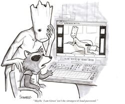 benjamin_schwartz bent_over censored comic computer cute frown furry groot guardians_of_the_galaxy humor looking_at_viewer male male_only marvel monochrome pornography pose rocket_raccoon smile sofa solo text