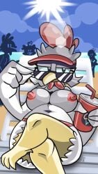 beach being_watched breasts chair clothed clothing container cup eyewear feathers female female_only furniture kendal_lichen_(puchipi) leg_over_thigh looking_at_another lounge_chair nipples puchipi red_clothing solo sun sunglasses sunglasses_down swimsuit_only tight_clothing topless visor white_body white_feathers