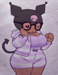 bow chubby chubby_female cleavage confused confused_expression confusion dark-skinned_female devil_tail glasses huge_ass huge_breasts huge_tits kookilooheavon kuromi large_ass large_breasts onegai_my_melody perky_tits pointy_tail sanrio shorts skull_hair_ornament sweatshirt tail thick_thighs