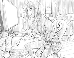 bottle computer eri_mizutani female flat_chest haruka_amami idolmaster keyboard microsoft monochrome peeing pepsi poopsock screen sitting sketch soda translation_request xbox xbox_360