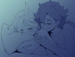 2girls ahoge bite blush breast_press breasts canon_couple closed_eyes completely_nude curly_hair gundam gundam_suisei_no_majo half-closed_eyes holding_hands lighting looking_at_partner looking_pleasured lying_on_bed lying_on_person lying_on_stomach married_couple miorine_rembran monochrome romantic romantic_couple shoulder_bite sideboob suletta_mercury sun_4x3 tears wife_and_wife yuri