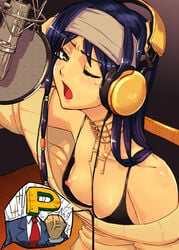 baggy_clothes blue_hair breasts brown_eyes chihaya_kisaragi down_blouse erect_nipples ginga_cosmo headphones highres idolmaster jewelry kisaragi_chihaya long_hair loose_clothes microphone necklace nipple_slip nipples producer_(idolmaster) recording recording_booth recording_studio studio_microphone sweater wince wink yellow_eyes