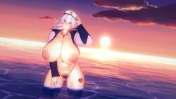 fate_(series) fate/grand_order solo_focus solo_female huge_breasts big_ass beach dusk sunset sun water 3d koikatsu jetjaguar gustavo40 tagme tomoe_gozen_(fate) ponytail white_hair visor_cap