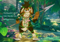 absurd_res anthro embarrassed forest genitals goobastera hi_res holding_object holding_weapon jewelry jungle male melee_weapon penis plant polearm redspice solo spear standing tattoo tree vrchat weapon