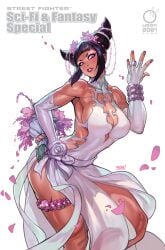 ass bangs big_ass big_breasts big_butt black_hair breasts bride brown_hair cleavage comic_cover dress flower garter gloves juri_han looking_at_viewer muscular muscular_female no_bra purple_eyes purple_flower purple_lips purple_lipstick reiq revealing_clothes sideboob smug street_fighter udon_entertainment wedding_dress wedding_ring white_dress