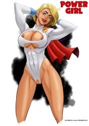 1girls abs areolae big_breasts blonde_hair blue_eyes boob_window breasts cape dc dc_comics female female_focus female_only female_solo hands_behind_head highres karen_starr looking_at_viewer muscular_female nipples penerotic power_girl pussy short_hair smiling smiling_at_viewer solo solo_female superhero superheroine tagme text thick_lips thighs vagina