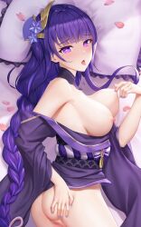 absurdly_long_hair ass breasts censored cleavage female flower genshin_impact hair_flower hair_ornament hand_on_hip hand_on_own_chest horny horny_female japanese_clothes long_hair looking_at_viewer lying mosaic_censoring nipples on_side open_mouth pillow purple_eyes purple_hair purple_nails raiden_shogun shadowgrave solo thighs tongue tongue_out very_long_hair