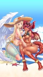 2girls angel angel_wings animated ass assertive_female big_ass blonde_hair bouncing_breasts breasts dark_skin dragon_girl_(project_qt) dragon_horns dragon_tail dragon_wings feathered_queen_(project_qt) female female_only fingering fingering_partner game hand_in_panties horns huge_breasts lesbian lesbian_sex multiple_girls nutaku project_qt red_hair shorter_than_10_seconds shorter_than_30_seconds summer_ladies_(project_qt) thick_thighs video yuri