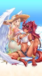 2girls angel angel_wings animated ass beach big_ass blonde_hair breasts cleavage dark_skin dragon_girl_(project_qt) dragon_horns dragon_tail dragon_wings feathered_queen_(project_qt) female female_only food game hat horns huge_breasts nutaku outdoors popsicle project_qt red_hair shorter_than_10_seconds shorter_than_30_seconds sitting spread_legs summer_ladies_(project_qt) thick_thighs thigh_strap video