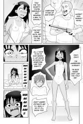 1girls 3boys bed black_hair blush breasts clothed clothing dream english_text glasses hayase_nagatoro long_hair looking_at_viewer monochrome naoto_hachioji_(senpai) nightmare nipples nude on_back on_bed please_don't_bully_me,_nagatoro revealing_clothes shaved_pussy shivering short_hair simple_background small_breasts standing szmitten tanline tanned text undressing white_background