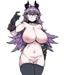 3: aqua_eyes areolae arm_behind_back bangs black_gloves black_legwear breasts closed_mouth collarbone constricted_pupils eyebrows_visible_through_hair female gloves groin hair_between_eyes hand_up highres horns huge_breasts inverted_nipples navel nude nyong_nyong original pointy_ears purple_hair pussy simple_background solo split_mouth striped_horns thighhighs thighs uncensored white_background