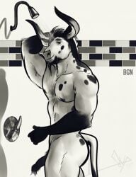 2022 anthro ass bgn bovid bovine cattle genitals hairy_penis half-erect hi_res horn male male_only mammal monochrome muscular muscular_anthro muscular_male pecs penis shower smile solo spots vonce_(bgn)