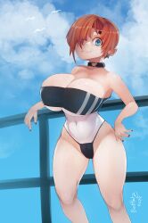 1girls besthetz big_breasts blue_eyes blue_sky freckles gris_swimsuit hair_over_one_eye light-skinned_female light_skin looking_at_viewer orange_hair original_character swimsuit tess_(besthetz) transparent_clothing voluptuous