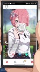 1girls battery_life blush buckle buttons cross cup eyebrows_visible_through_hair fenqury hair_ornament hair_over_one_eye hair_tie hand hat heart hoodie imminent_sex instagram natsuki_subaru notification outside phone picture pink_eyes pink_hair pinkie_out pov ram_(re:zero) re:zero_kara_hajimeru_isekai_seikatsu sipping snapchat star starbucks symbol tea tinder_(app) whatsapp wifi