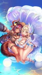 2girls angel angel_wings animated bikini blonde_hair breasts couple dark_skin dragon_girl_(project_qt) dragon_horns dragon_tail dragon_wings feathered_queen_(project_qt) female female_only game horns huge_breasts lovers nutaku partially_submerged project_qt red_hair selfie shorter_than_10_seconds shorter_than_30_seconds smile summer_ladies summer_ladies_(project_qt) thick_thighs video water yuri