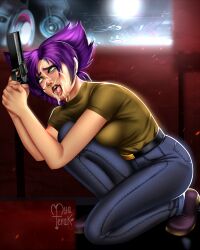 ahe_gao ass clothed clothing cum cum_on_face green_eyes gun jeans konoko myaterak olive_shirt oni_(game) open_mouth pistol purple_hair shirt short_hair sitting