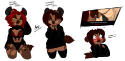 anthro black_sweater bra breasts brown_body brown_fur brown_hair english_text glasses green_eyes lips mammal red_hair rmada speech spotted_fur spotted_hyena sweater sybillotus text torn_clothes transformation