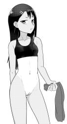 1girls black_hair breasts clothed clothing earrings female_focus female_only half-dressed hayase_nagatoro long_hair looking_at_viewer monochrome navel nervous please_don't_bully_me,_nagatoro pose revealing_clothes simple_background skinny small_breasts solo standing szmitten tanline tanned tight_clothing white_background