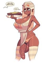 1futa apron balls big_penis breasts carbon_pink clothed clothing cock_ring cum_on_food dark-skinned_futanari dark_skin dialogue fast_food fast_food_uniform flaccid futa_only futanari huge_breasts huge_cock human jack_cayless mostly_nude open_mouth penis solo speech_bubble standing tanline testicles text thighhighs wide_hips