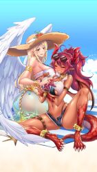 2girls angel angel_wings animated ass big_ass blonde_hair breasts closed_eyes dark_skin dragon_girl_(project_qt) dragon_horns dragon_tail dragon_wings feathered_queen_(project_qt) female female_only game hat horns huge_breasts multiple_girls nutaku project_qt red_hair shorter_than_10_seconds shorter_than_30_seconds sitting spread_legs starfish summer_ladies_(project_qt) thick_thighs video yuri