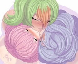 3girls ass blush camilla_(fire_emblem) closed_eyes completely_nude female female_only fire_emblem fire_emblem_fates fire_emblem_heroes french_kiss from_above green_hair group_kissing gunnthra_(fire_emblem) karuro-kun kissing laegjarn_(fire_emblem) long_hair multicolored_hair multiple_girls nintendo nude nude_female pink_hair purple_hair short_hair triple_kiss yuri