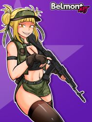 1girls belmont blonde_hair female female_only himiko_toga military military_uniform my_hero_academia short_skirt soldier solo weapon yellow_eyes