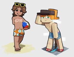 2girls alex_(minecraft) axe barefoot beach_volleyball bottomwear breasts casual crossover cube_head cubic_body dark_skin feet female female_only flat_chest full_body grey_background human looking_at_viewer male_swimwear_challenge mario_(series) mens_swimsuit_challenge minecraft multiple_girls nipples oofrowdy pale_skin princess_daisy short_hair simple_background small_breasts smile smirk square_head standing toes tomboy topless