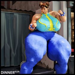 1girls 3d 3d_(artwork) alternate_version_available big_calves breasts brown_eyes brown_hair capcom chun-li digital_media_(artwork) dinner-kun eyeshadow fanart female female_only hi_res highres hips huge_breasts huge_hips huge_thighs muscular muscular_female solo street_fighter street_fighter_alpha thick_thighs twin_buns unitard vest wristband