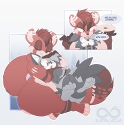 brown_fur chubby_female collar cute english_text fat fat_female furry furry_only grey_fur hug hug_from_behind larger_female male/female mammal nude rmada sitting size_difference skinny_male smaller_male speech speech_bubble text