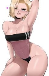 1girls 2022 android_18 armpits arms_behind_head arms_up blonde_hair blue_eyes blush breasts dragon_ball dragon_ball_z echosaber female female_only gris_swimsuit hi_res hips large_breasts one-piece_swimsuit one_eye_closed painted_nails png see-through see-through_clothing short_hair simple_background slim_waist smile solo swimsuit thick_thighs thighs very_high_resolution white_background wide_hips wink