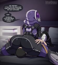 1boy 1girls ass ass_grab bed bedroom big_ass boyfriend clothed clothed_female clothed_sex clothing commander_shepard english_text facesitting huge_ass imadeej large_ass looking_down mask mass_effect oral purple_helmet purple_hoodie purple_mask quarian speech_bubble suit tali'zorah_nar_rayya