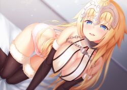 all_fours ass ass_up bent_over big_ass big_breasts blue_eyes bra chains fate/grand_order fate_(series) female female_only from_behind_position jeanne_d'arc_(fate) long_hair looking_at_viewer tights underwear yellow_hair yuunagi_(0217)