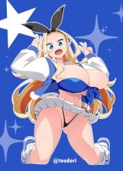 animal_ears blonde_hair blue_eyes breasts female hair_ribbon huge_breasts long_hair miniskirt navel open_mouth original rabbit_ears ribbon skirt solo thighhighs toudori twitter_username