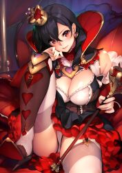 1girls alice_in_wonderland alternate_version_available bangs bare_shoulders black_hair blush breasts cameltoe cleavage crown dress earrings eyebrows garter_belt high_heels jewelry lipstick looking_at_viewer makeup mini_crown panties queen_of_hearts_(alice_in_wonderland) red_eyes sasaoka_gungu scepter short_dress sitting supportasse thighhighs thighs turtleneck underwear white_legwear white_panties